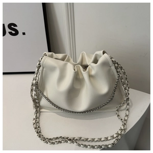 Chic white cloud pleated crossbody bag in lychee pattern faux leather with silver chain
