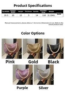 Size chart showing dimensions for sparkly sequin bag with pearl handle and chain