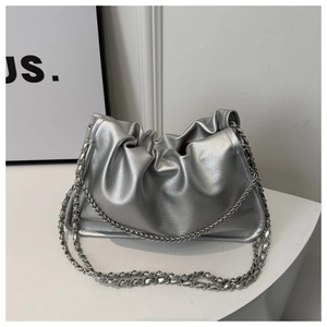 Silver metallic pleated cloud bag with dual chain straps for 2024 spring fashion