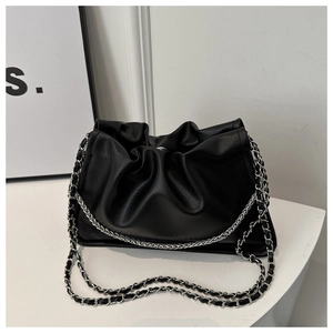 2024 trendy black ruched cloud bag in soft PU leather with silver metal chain strap
