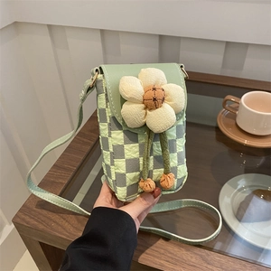 Sac de Téléphone Portable à la Mode pour Femmes Mignon Fleur 3D Sac à Bandoulière Damier Mini Sac à Épaule Loisirs Voyage
