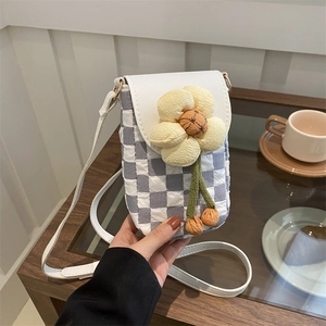 Petit sac à bandoulière pour téléphone à carreaux lavande avec décoration fleurie douce