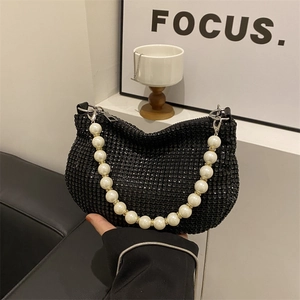 Women Rhinestone Underarm Bag Sparkling Artificial Pearl Strap Chain Shoulder Bag Elegant Evening Party Hobo Bag For Fashionable Lady
