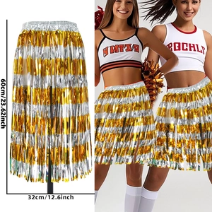 Jupe à franges de pom-pom girl 60cm or et argent avec taille élastique pour fête et spectacle