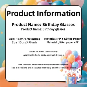 Detailed size specifications for glitter Happy Birthday party glasses and material info