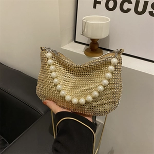 Chic gold rhinestone crescent bag with large pearl handle and metal chain strap