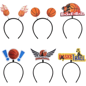 Set of six basketball themed party headbands featuring orange ball and slogan designs