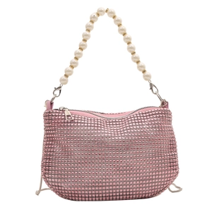 Chic pink rhinestone underarm bag with faux pearl handle and silver chain strap
