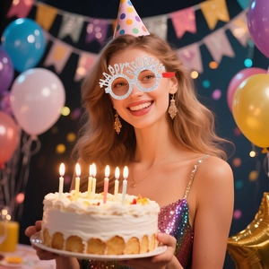 Silver glitter Happy Birthday glasses for party decorations worn by smiling model