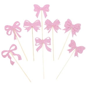 Set di 7 decorazioni per torte con fiocchi rosa glitterati per feste di compleanno