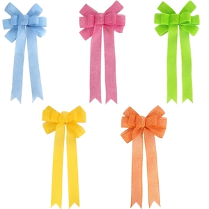 Set of five colorful linen-textured decorative bows for gift wrapping and holiday decor