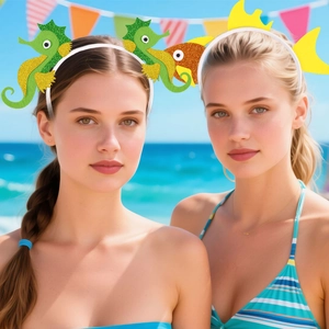Serre-têtes de fête hippocampe et poisson portés par des modèles sur la plage
