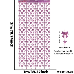 Pink tinsel curtain detail with bow and star patterns showing 1x2m size dimensions