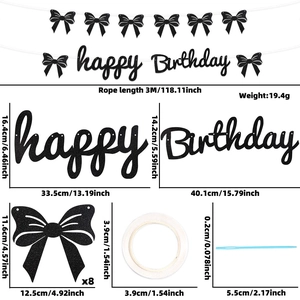 Detail view of black glitter Happy Birthday banner set with size specifications