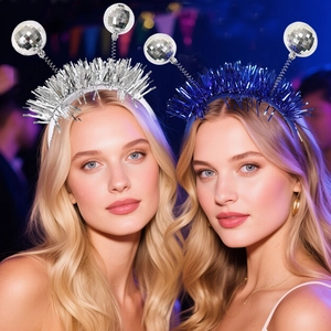 Sparkly disco ball headbands in silver and blue for festive masquerade party outfits