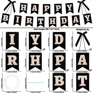 Detail of Happy Birthday banner kit with black flags, pink glitter and 3M ribbon size specs
