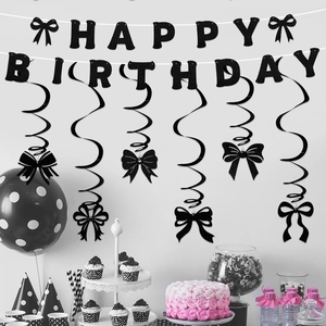 Striscione Happy Birthday nero glitterato con fiocchi e decorazioni a spirale