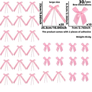 Detailed size chart of pink satin bows set with dimensions for party decorations