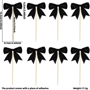 Detail of 8-piece black bow cupcake toppers with dimensions and bamboo sticks for party