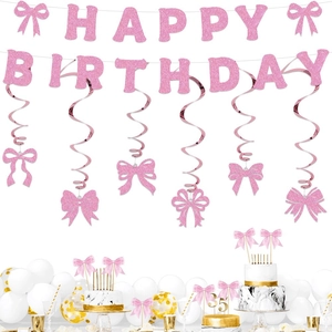 Juego de Pancartas de Feliz Cumpleaños con Purpurina Rosa Decoraciones de Fiesta con Lazo Espirales Colgantes para Cumpleaños de Niñas