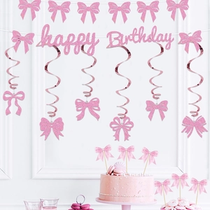 Set de decoración de cumpleaños rosa brillante con pancarta, lazos y adornos para tartas