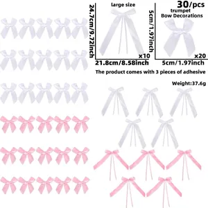 Size chart for 30pcs pink and white satin bow decorations with detailed dimensions