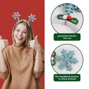 Diadema navideña con copos de nieve azules brillantes y pompones de colores festivos