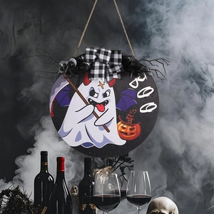 Halloween wooden door sign featuring a cute ghost and pumpkin with a checkered bow