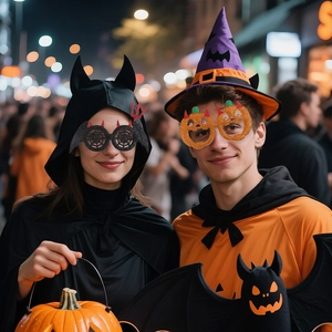 Halloween party glasses with glitter pumpkin and black bat designs for festive costumes