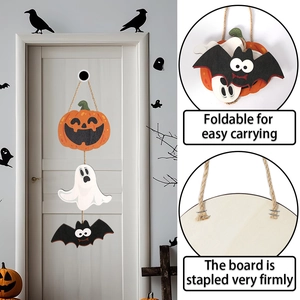 Halloween wooden door sign featuring pumpkin ghost and bat with foldable design