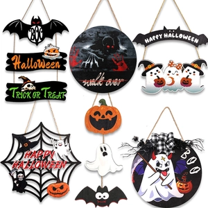 Halloween wooden door signs set with pumpkin ghost spider web and bat party decorations
