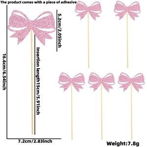 Pink glitter bow cake toppers set for birthdays with size dimensions and measurements