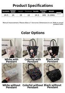 Tableau des tailles du sac à main pailleté montrant dimensions et couleurs disponibles