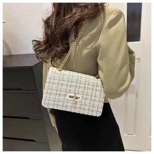 Detail of tweed crossbody bag with golden chain strap and buckle shown on a shoulder