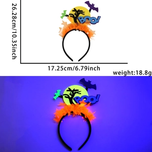 Detail view of neon Halloween headband with bat and Boo letter decorations in purple light