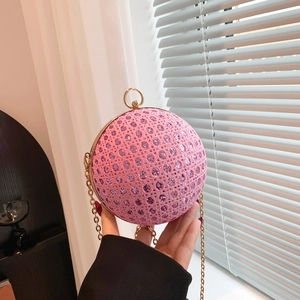 Pink spherical evening clutch bag with lace sequins and gold chain for women