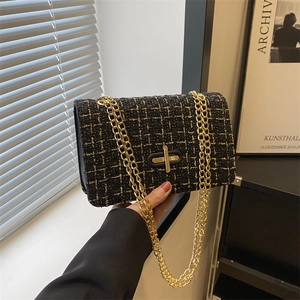 Vintage Women Cotton Linen Chain Square Bag Elegant Plaid Crossbody Shoulder Bag Metal Lock Woven Small Messenger Purse Daily