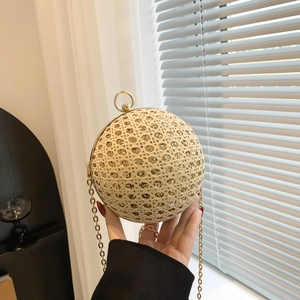 Elegant gold woven spherical evening bag with sequins and a metallic chain strap for women