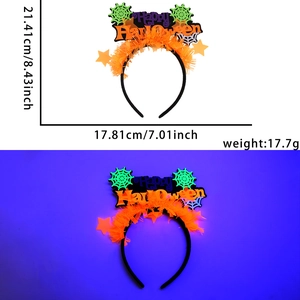 Neon Halloween headband detail with Happy Halloween text, spider web, and size specs