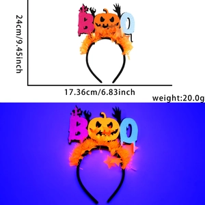 Glow-in-the-dark Halloween BOO headband with neon tinsel and pumpkin detail dimensions