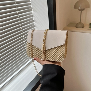 Women Fashion Straw Woven Crossbody Bag Patchwork Artificial Leather Chain Shoulder Bag With Tassel Small Square Bag