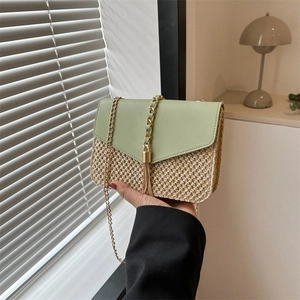 Straw and green PU leather small square crossbody bag with gold chain and tassel charm