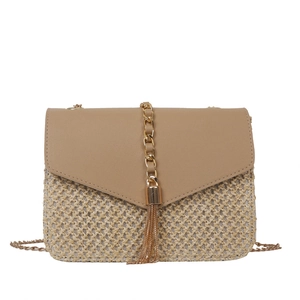 Fashionable straw crossbody bag with khaki PU leather flap and golden chain tassel detail