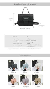 Vue détaillée montrant les spécifications de taille et les couleurs du petit sac carré