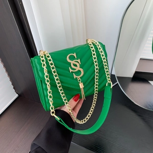 Trendy Women V-Quilted PU Leather Shoulder Bag With S Metal Logo Tassel Detail Gold Chain Crossbody Small Square Bag