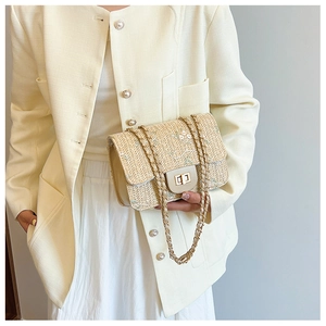 Macro shot of straw woven crossbody bag with floral embroidery and gold chain strap
