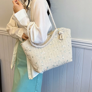 Summer Large Capacity Straw Woven Tote Bag For Women Beach Pastoral Floral Embroidered Shoulder Bag With Rope Handle Daily Handbag