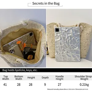 Large beige woven straw tote bag with size specifications and capacity display