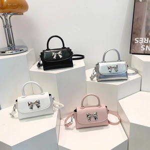 Elegant mini bow square handbag in black, silver, white and pink patent leather