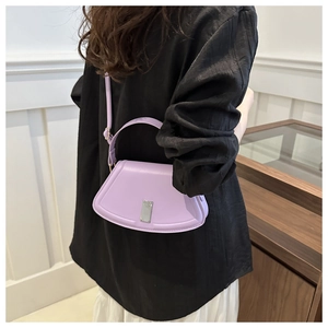 Lavender faux leather square handbag with silver logo plaque and crossbody strap detail